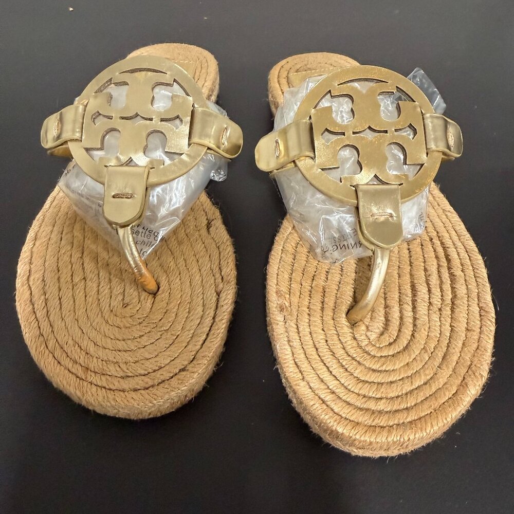 NEW Tory Burch Miller Thong Sandal Gold Metallic Leather SZ 6.5 Flat Espadrille